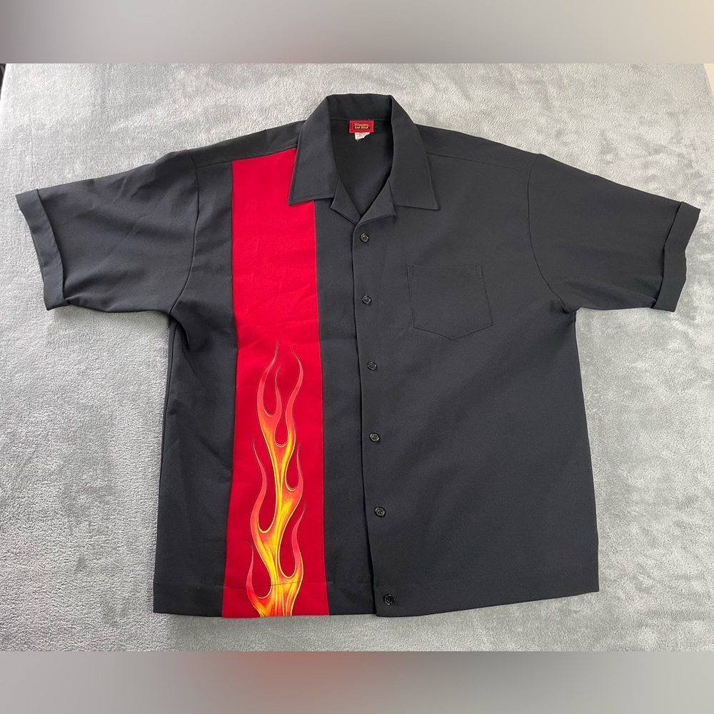 Black Flames Button Up Shirt Mens XL Party Retro Club Lounge California USA